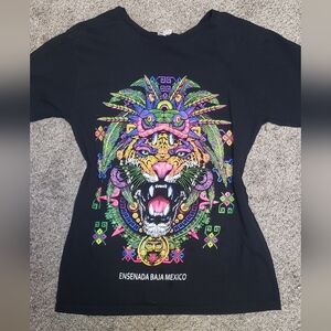 Black Short-Sleeve Tee with Neon Tiger Graphic Mexico